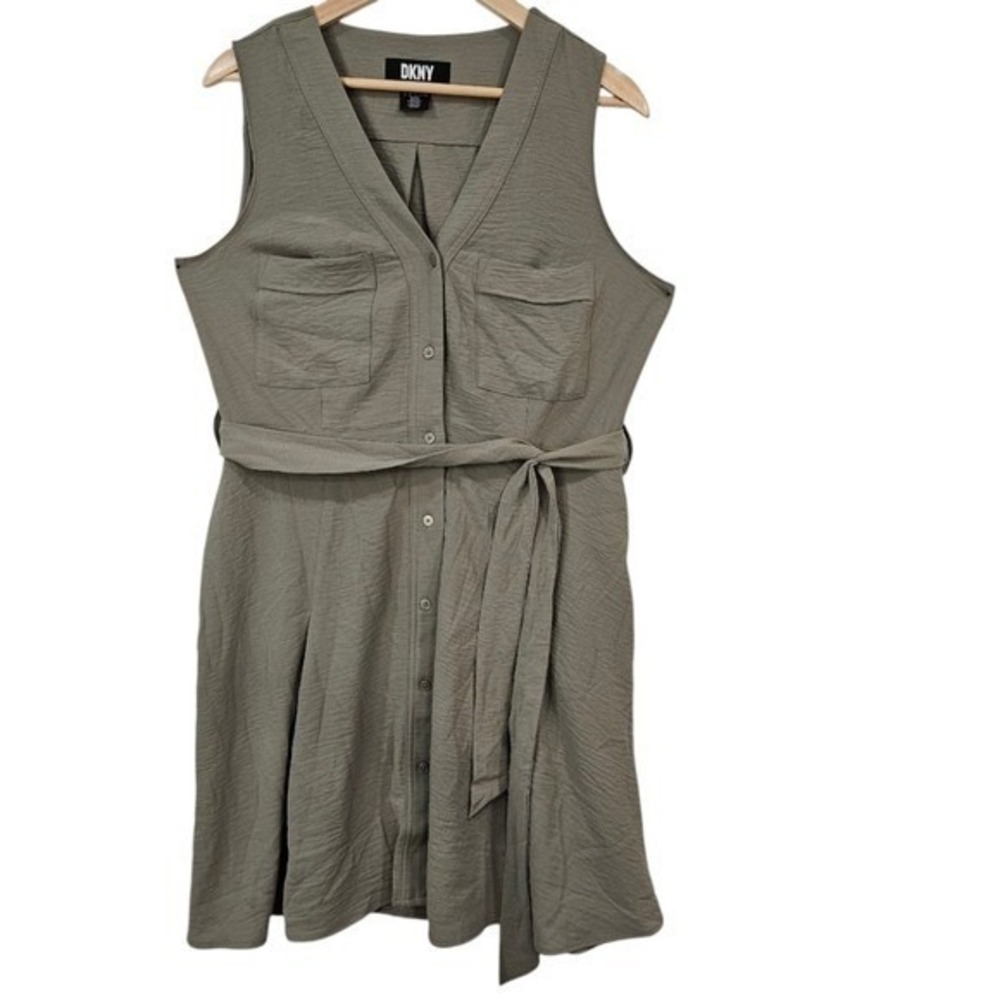 DKNY Sleeveless Belted Shirtdress Flared Vacation Office Summer Olive Green‎